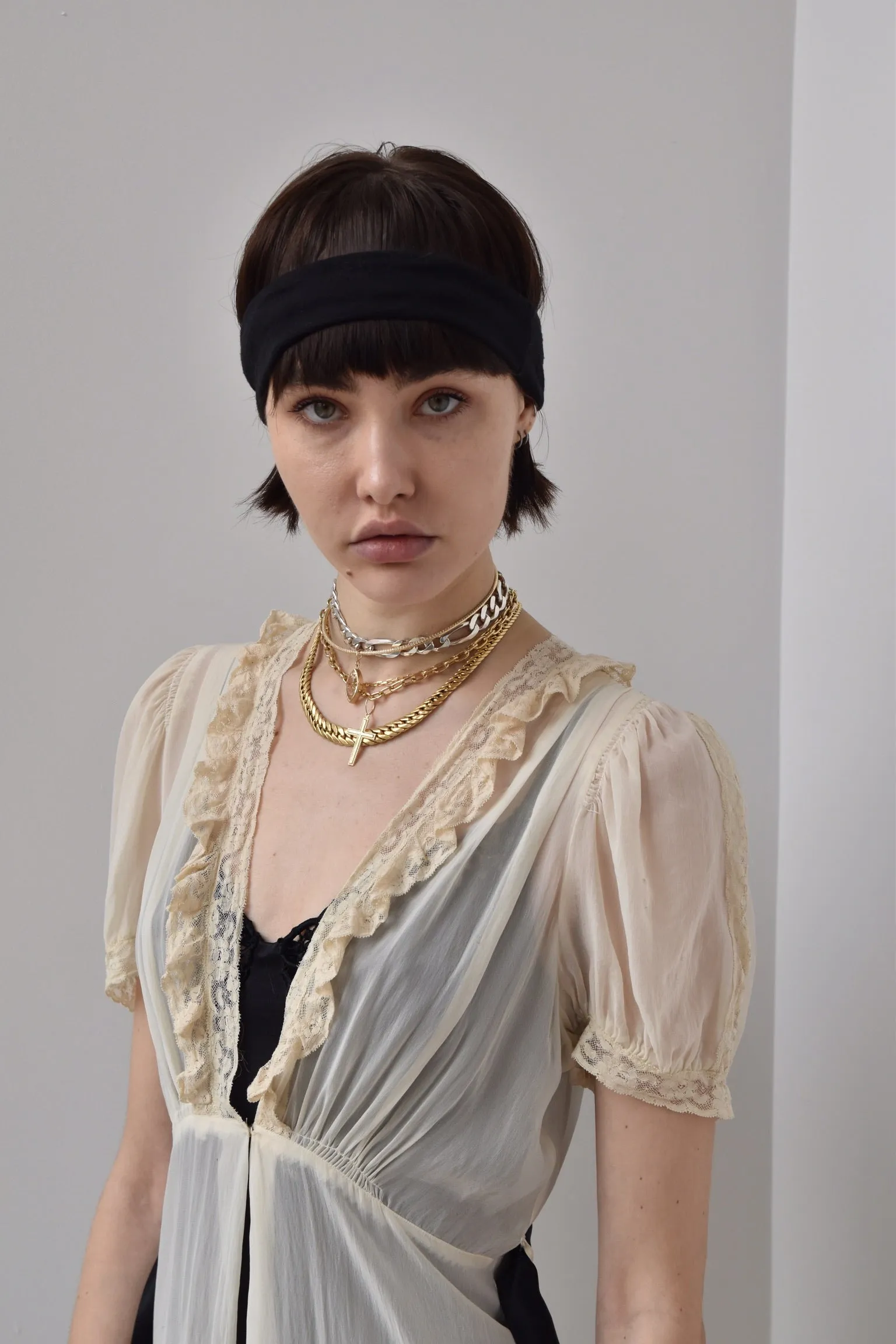 Vintage Silk Duster with Lace Inlay and Short Train