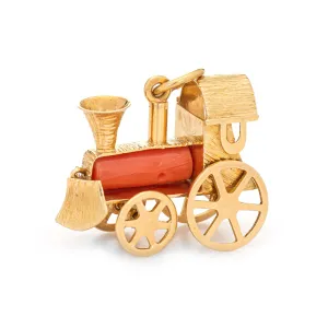 Vintage Steam Train Charm Coral 18k Yellow Gold Locomotive Jewelry Pendant