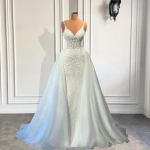 Vintage V-neck Beaded Lace Bridal Wedding Gowns Detachable Train