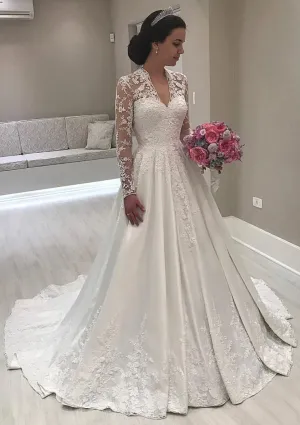 Vintage V Neck Long Sleeve Sweep Satin Wedding Dress, Lace