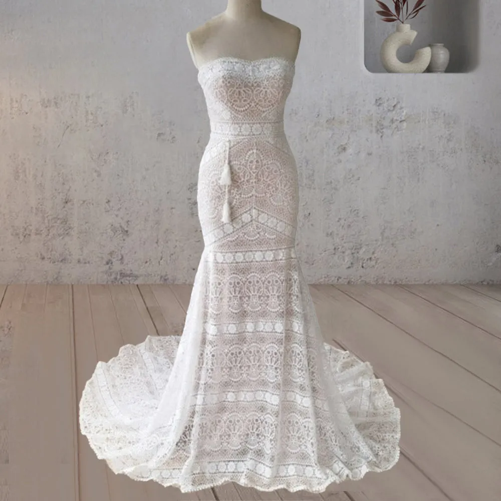 Vintage White Mermaid Lace Wedding Dress with Tassel