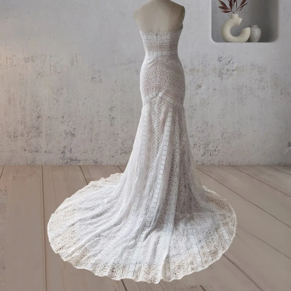 Vintage White Mermaid Lace Wedding Dress with Tassel