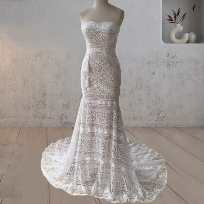 Vintage White Mermaid Lace Wedding Dress with Tassel