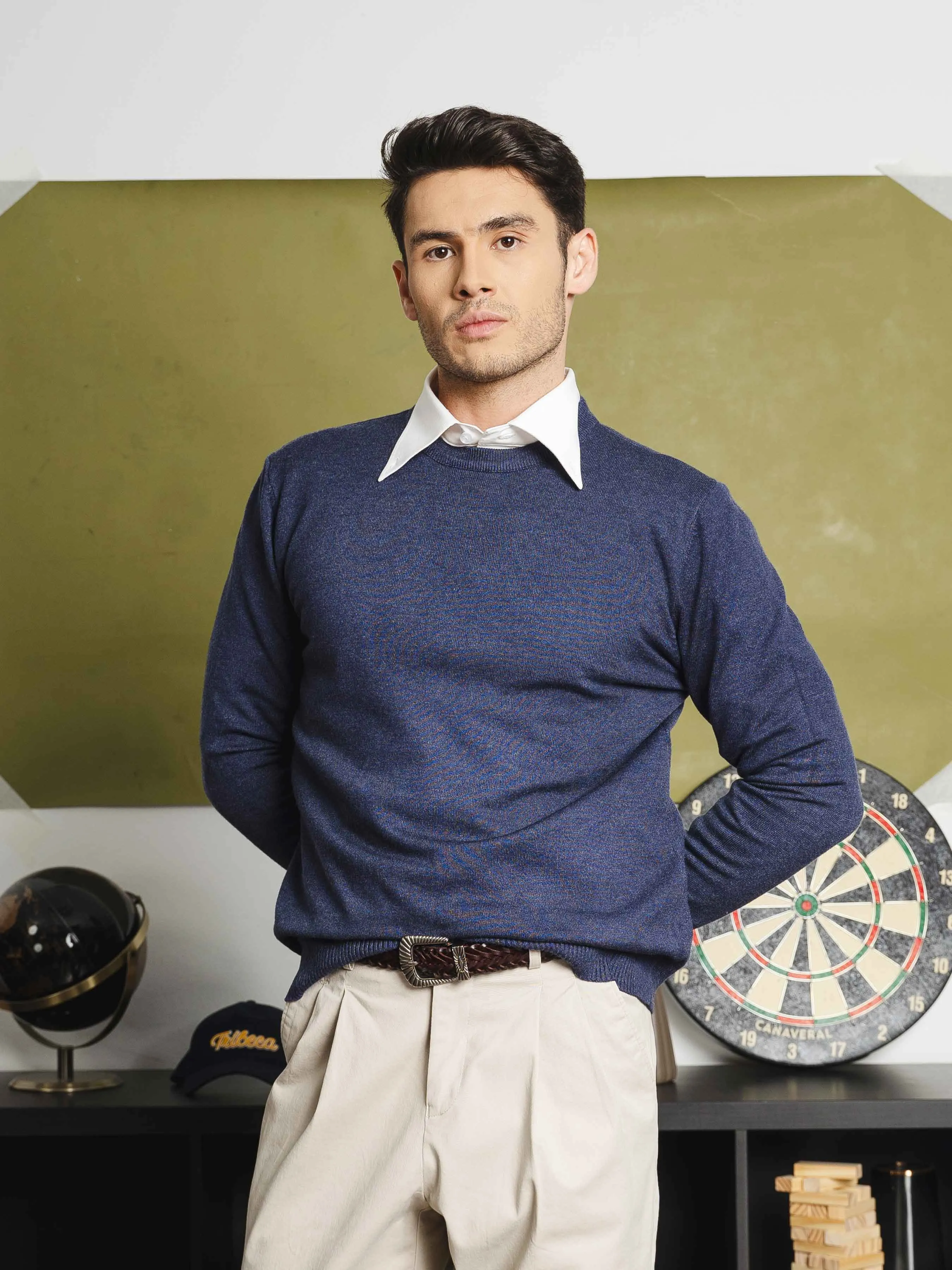 Vittorio Long Sleeve Crew Neck - Navy Blue