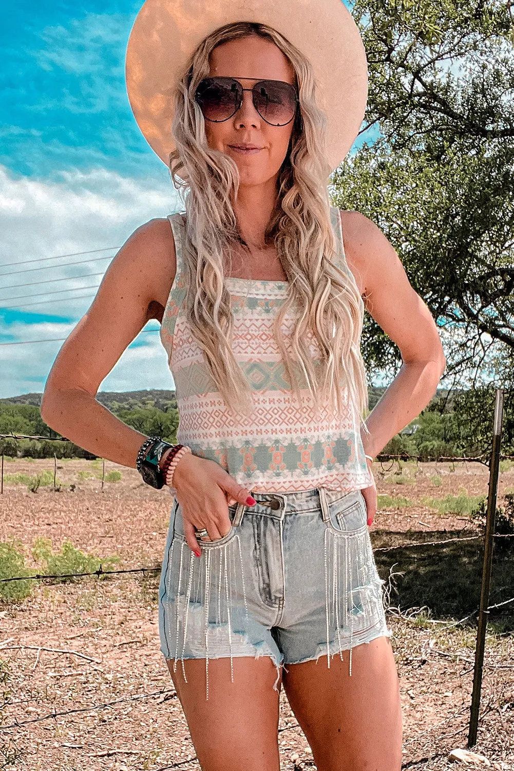 White Western Fashion Print Tie Back Spaghetti Strap Tank