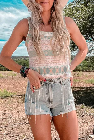 White Western Fashion Print Tie Back Spaghetti Strap Tank