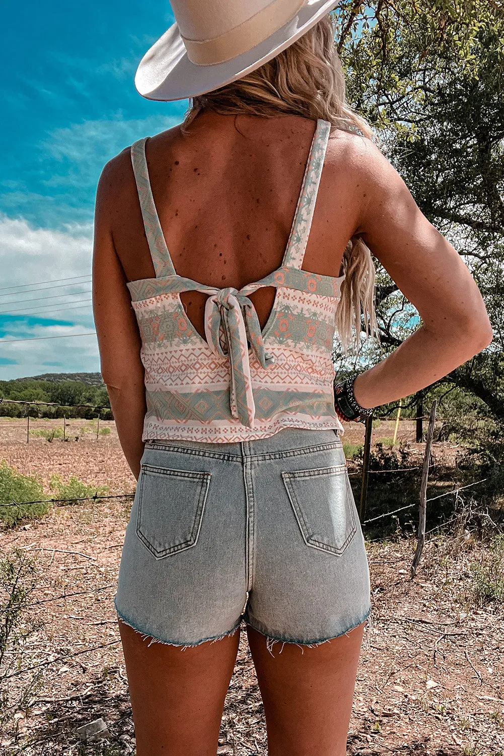 White Western Fashion Print Tie Back Spaghetti Strap Tank
