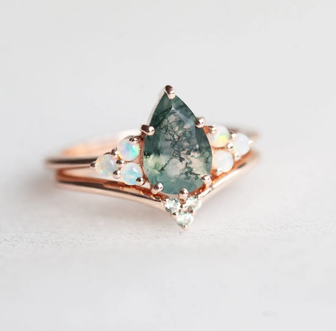 Willow Pear Moss Agate and Opal Ring Set