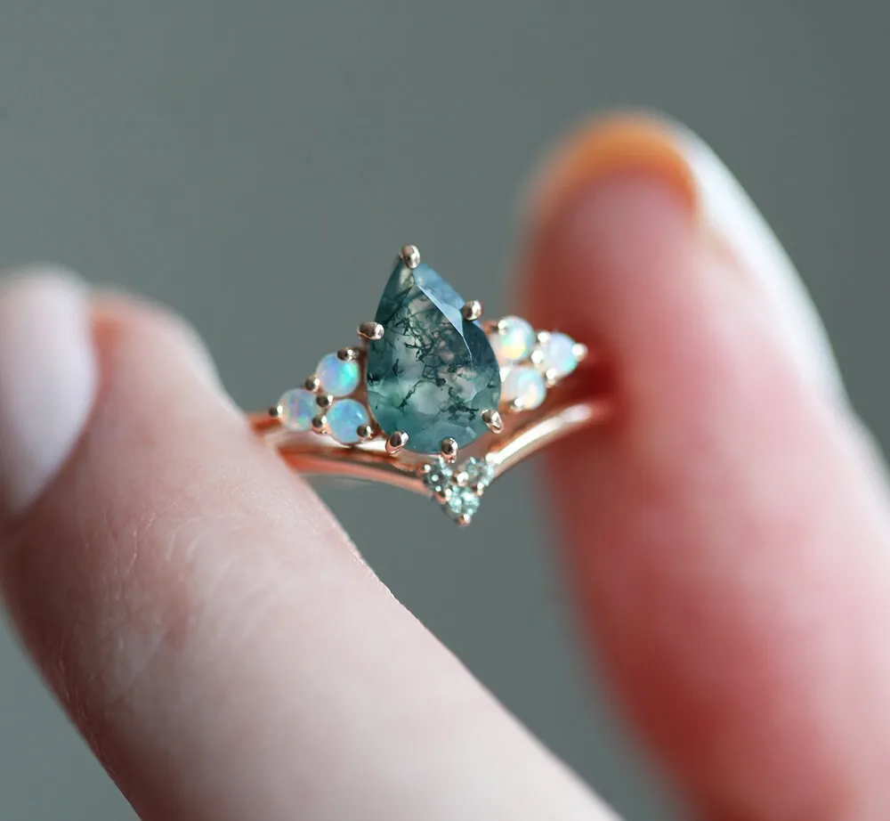 Willow Pear Moss Agate and Opal Ring Set