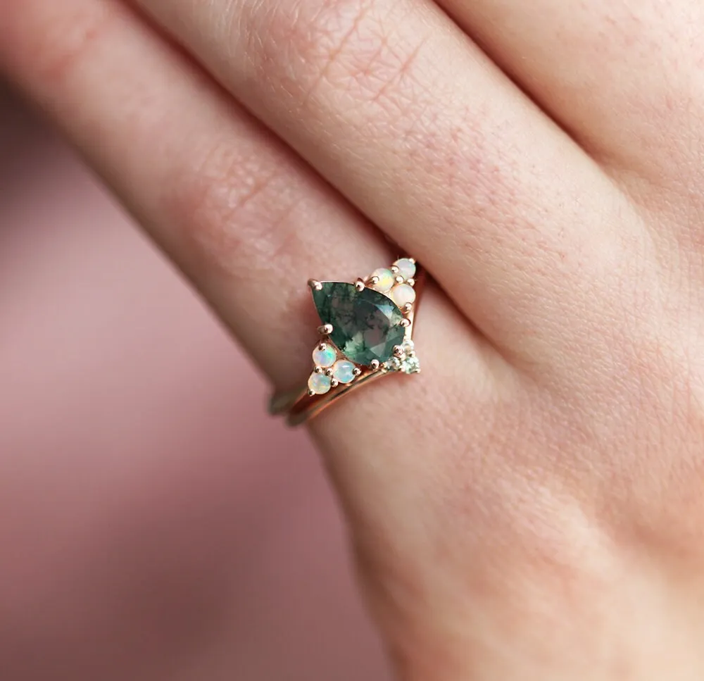 Willow Pear Moss Agate and Opal Ring Set