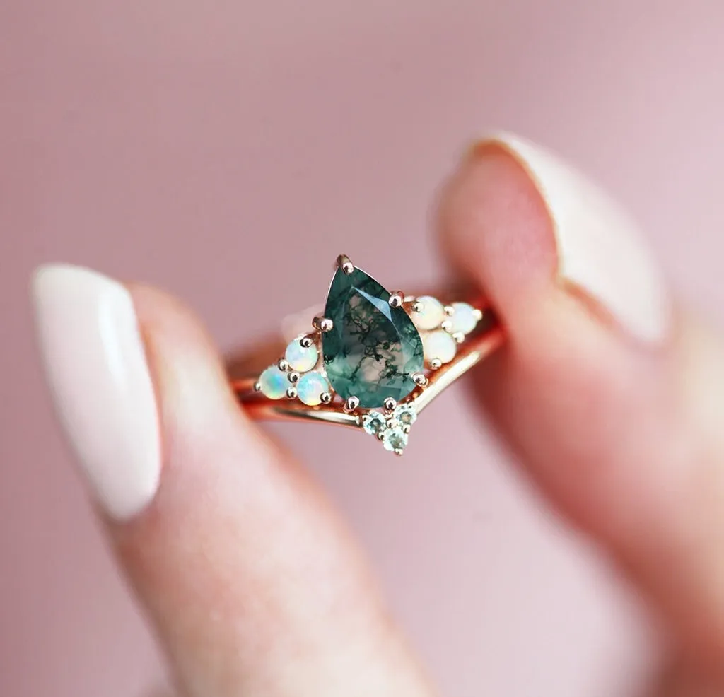 Willow Pear Moss Agate and Opal Ring Set