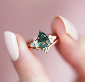 Willow Pear Moss Agate and Opal Ring Set