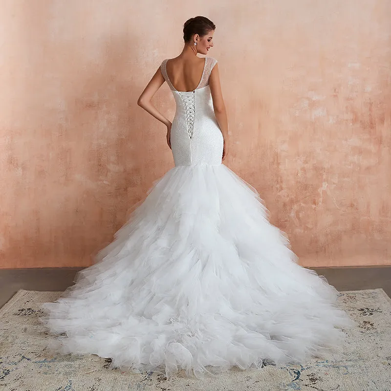 Women Mermaid Wedding Dresses Ruffles Tulle Sweetheart  Cap Sleeves Sequin Beaded Bridal Dress