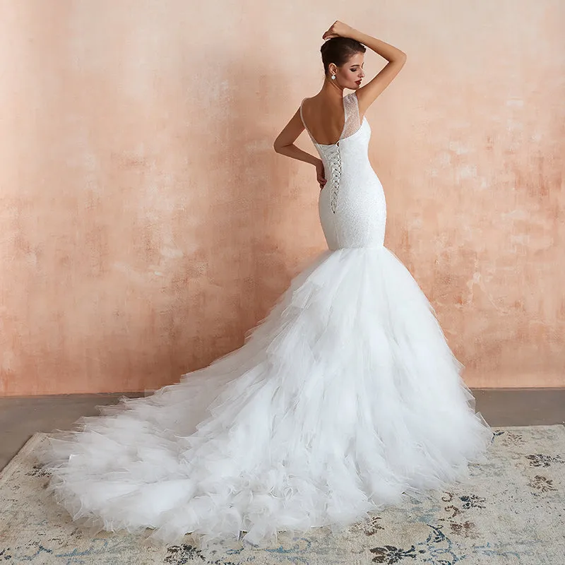 Women Mermaid Wedding Dresses Ruffles Tulle Sweetheart  Cap Sleeves Sequin Beaded Bridal Dress