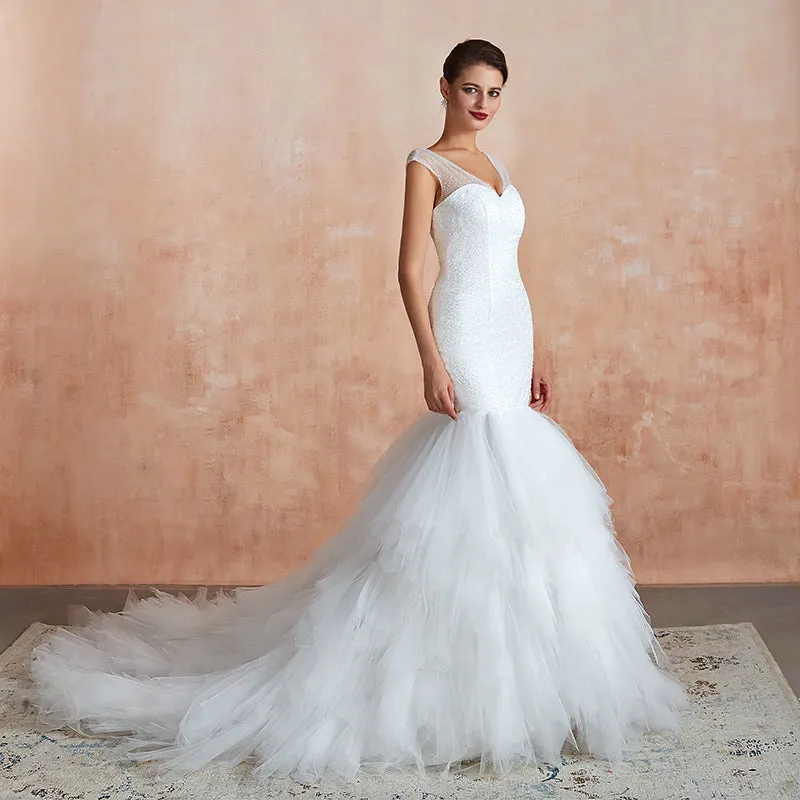 Women Mermaid Wedding Dresses Ruffles Tulle Sweetheart  Cap Sleeves Sequin Beaded Bridal Dress