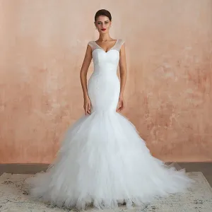 Women Mermaid Wedding Dresses Ruffles Tulle Sweetheart  Cap Sleeves Sequin Beaded Bridal Dress