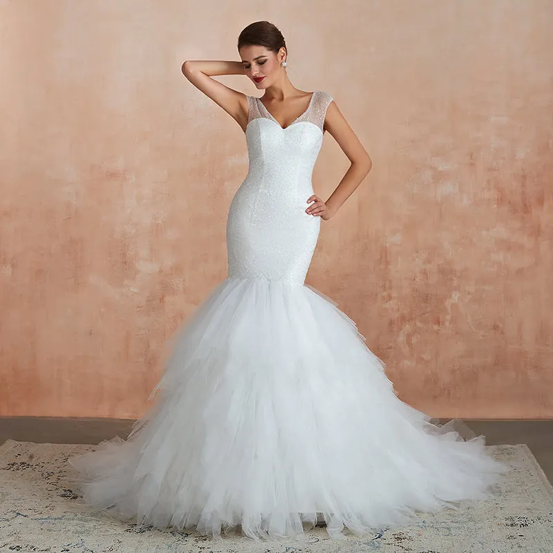 Women Mermaid Wedding Dresses Ruffles Tulle Sweetheart  Cap Sleeves Sequin Beaded Bridal Dress
