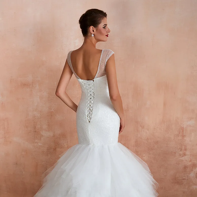 Women Mermaid Wedding Dresses Ruffles Tulle Sweetheart  Cap Sleeves Sequin Beaded Bridal Dress