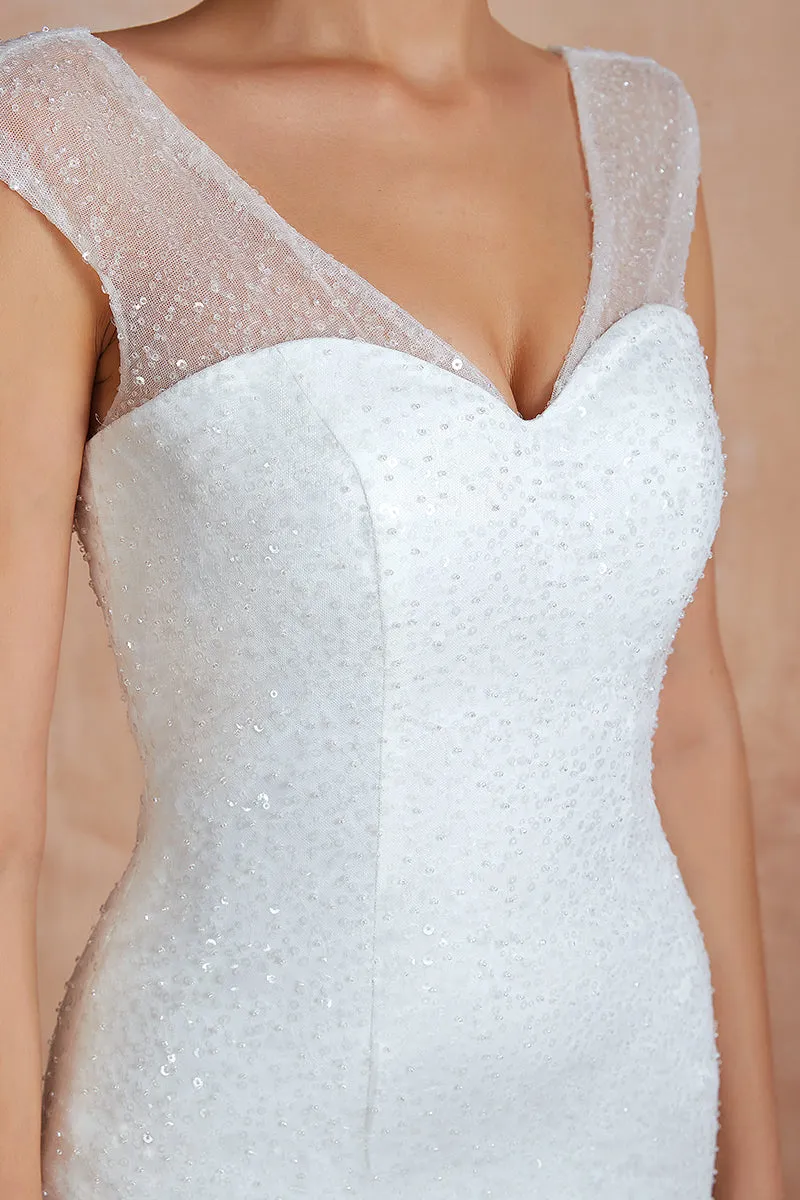 Women Mermaid Wedding Dresses Ruffles Tulle Sweetheart  Cap Sleeves Sequin Beaded Bridal Dress