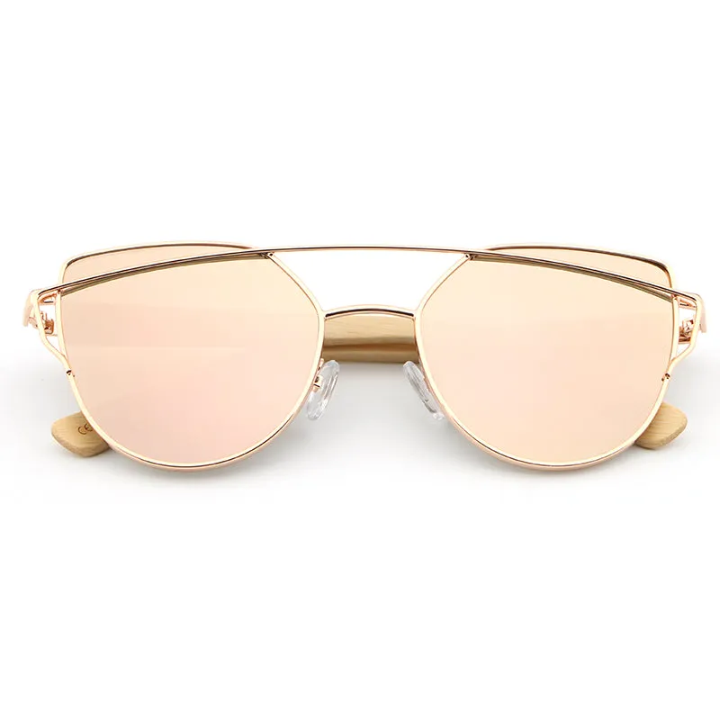 Women's Fashion Mirror Cat Eye Wooden Sunglasses - Black Red,Black Blue,Golden Tea,Black Gray,Golden Pink,Black Green,Silver
