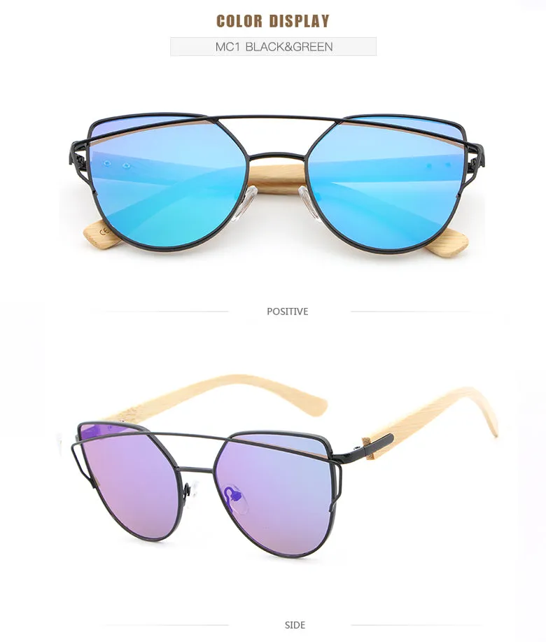 Women's Fashion Mirror Cat Eye Wooden Sunglasses - Black Red,Black Blue,Golden Tea,Black Gray,Golden Pink,Black Green,Silver