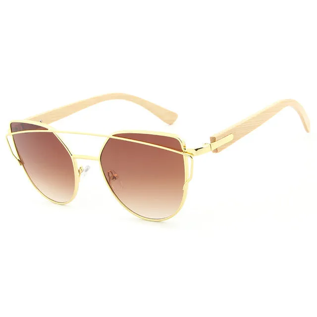 Women's Fashion Mirror Cat Eye Wooden Sunglasses - Black Red,Black Blue,Golden Tea,Black Gray,Golden Pink,Black Green,Silver