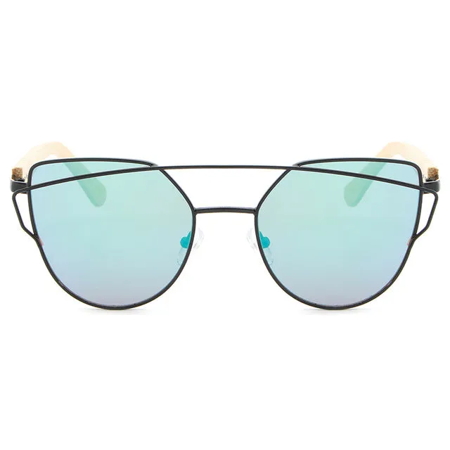 Women's Fashion Mirror Cat Eye Wooden Sunglasses - Black Red,Black Blue,Golden Tea,Black Gray,Golden Pink,Black Green,Silver