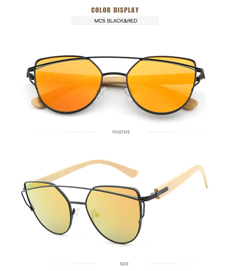 Women's Fashion Mirror Cat Eye Wooden Sunglasses - Black Red,Black Blue,Golden Tea,Black Gray,Golden Pink,Black Green,Silver