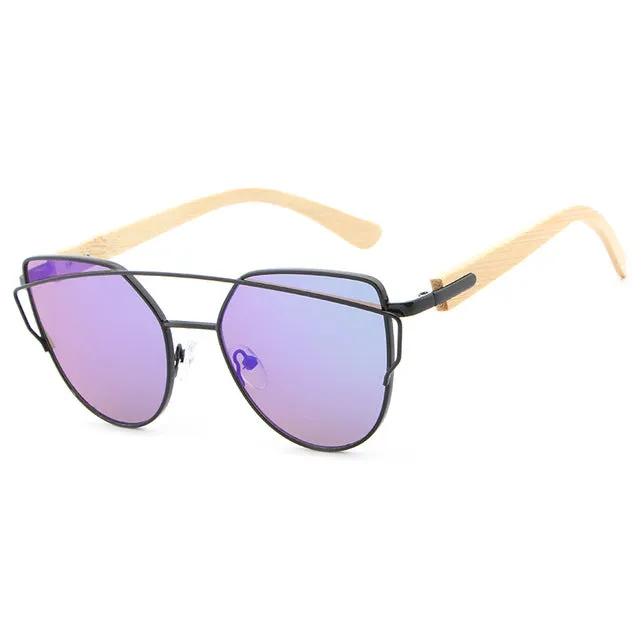 Women's Fashion Mirror Cat Eye Wooden Sunglasses - Black Red,Black Blue,Golden Tea,Black Gray,Golden Pink,Black Green,Silver