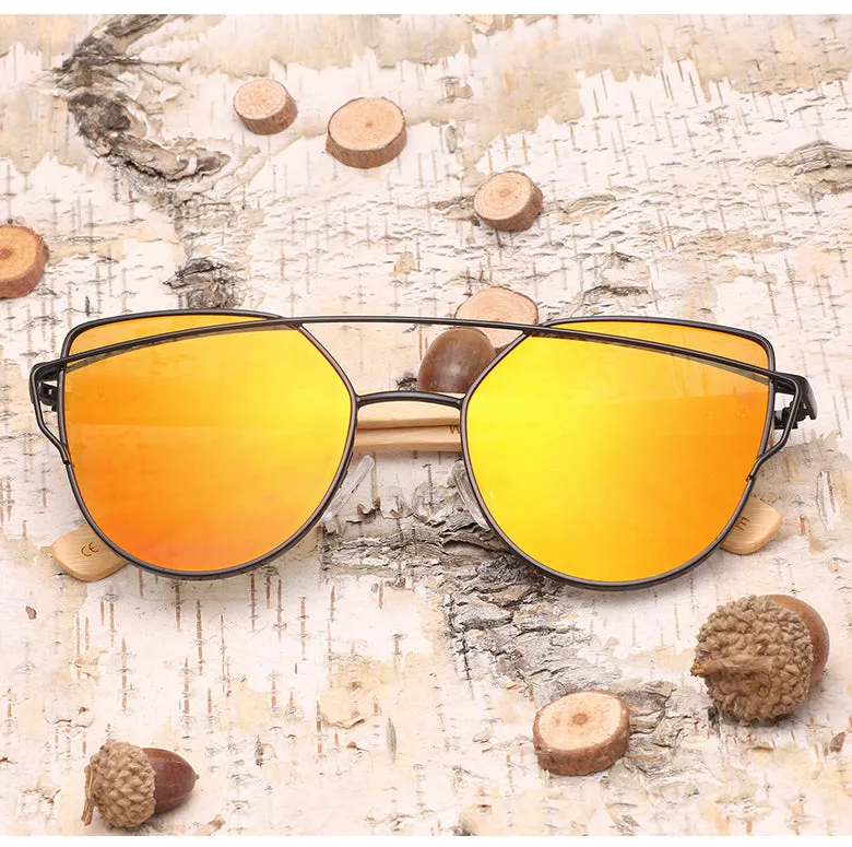 Women's Fashion Mirror Cat Eye Wooden Sunglasses - Black Red,Black Blue,Golden Tea,Black Gray,Golden Pink,Black Green,Silver