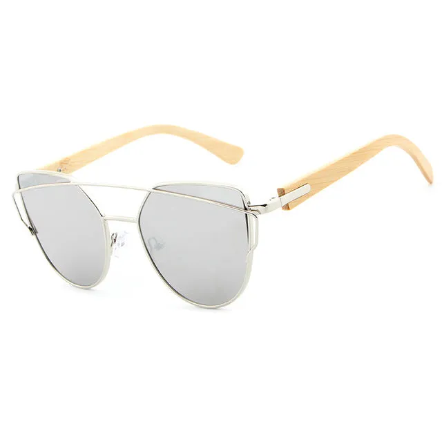 Women's Fashion Mirror Cat Eye Wooden Sunglasses - Black Red,Black Blue,Golden Tea,Black Gray,Golden Pink,Black Green,Silver