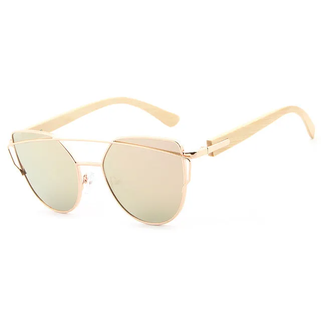 Women's Fashion Mirror Cat Eye Wooden Sunglasses - Black Red,Black Blue,Golden Tea,Black Gray,Golden Pink,Black Green,Silver
