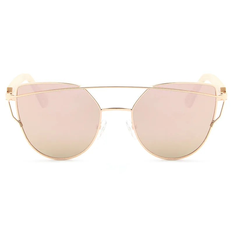Women's Fashion Mirror Cat Eye Wooden Sunglasses - Black Red,Black Blue,Golden Tea,Black Gray,Golden Pink,Black Green,Silver