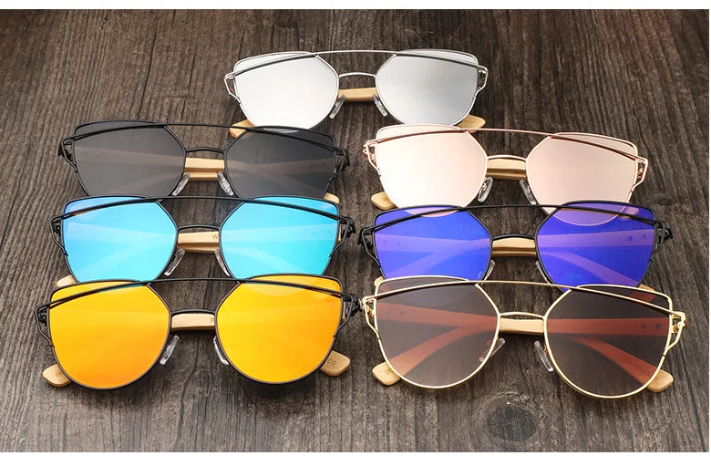 Women's Fashion Mirror Cat Eye Wooden Sunglasses - Black Red,Black Blue,Golden Tea,Black Gray,Golden Pink,Black Green,Silver