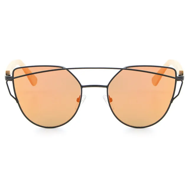 Women's Fashion Mirror Cat Eye Wooden Sunglasses - Black Red,Black Blue,Golden Tea,Black Gray,Golden Pink,Black Green,Silver
