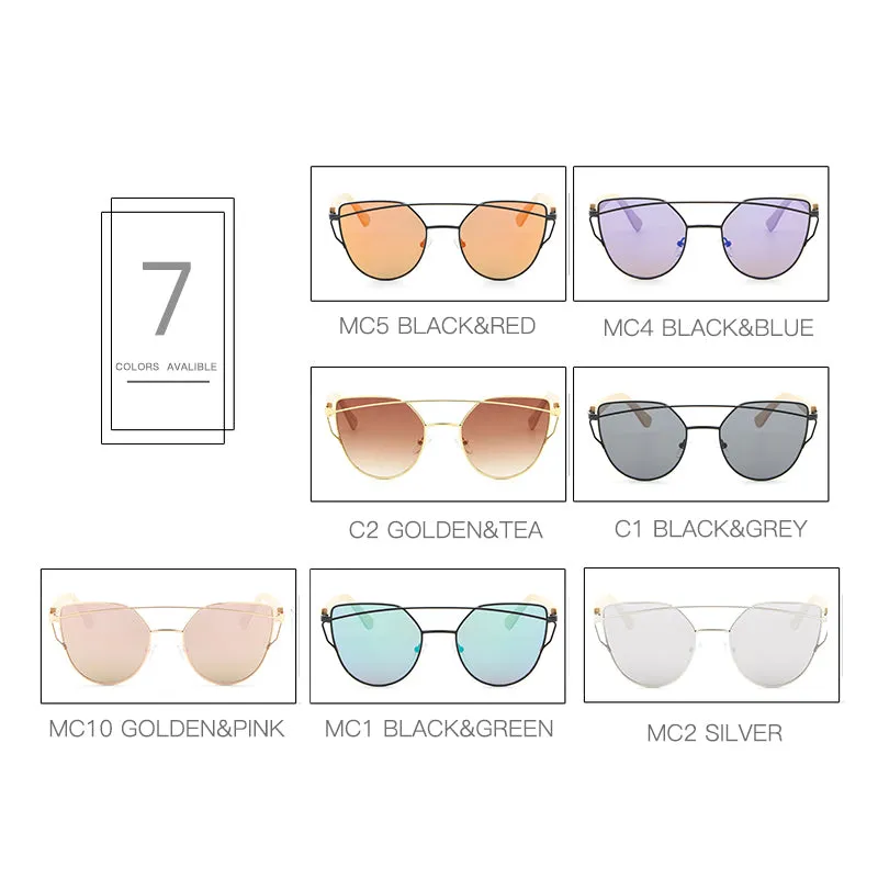 Women's Fashion Mirror Cat Eye Wooden Sunglasses - Black Red,Black Blue,Golden Tea,Black Gray,Golden Pink,Black Green,Silver