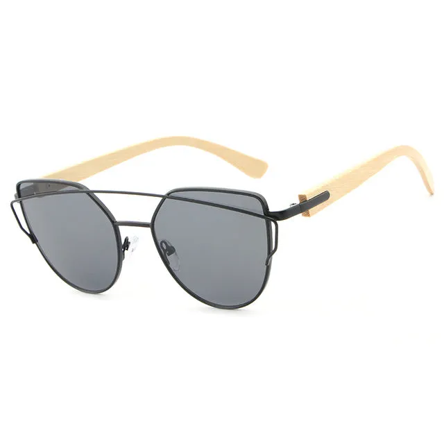Women's Fashion Mirror Cat Eye Wooden Sunglasses - Black Red,Black Blue,Golden Tea,Black Gray,Golden Pink,Black Green,Silver