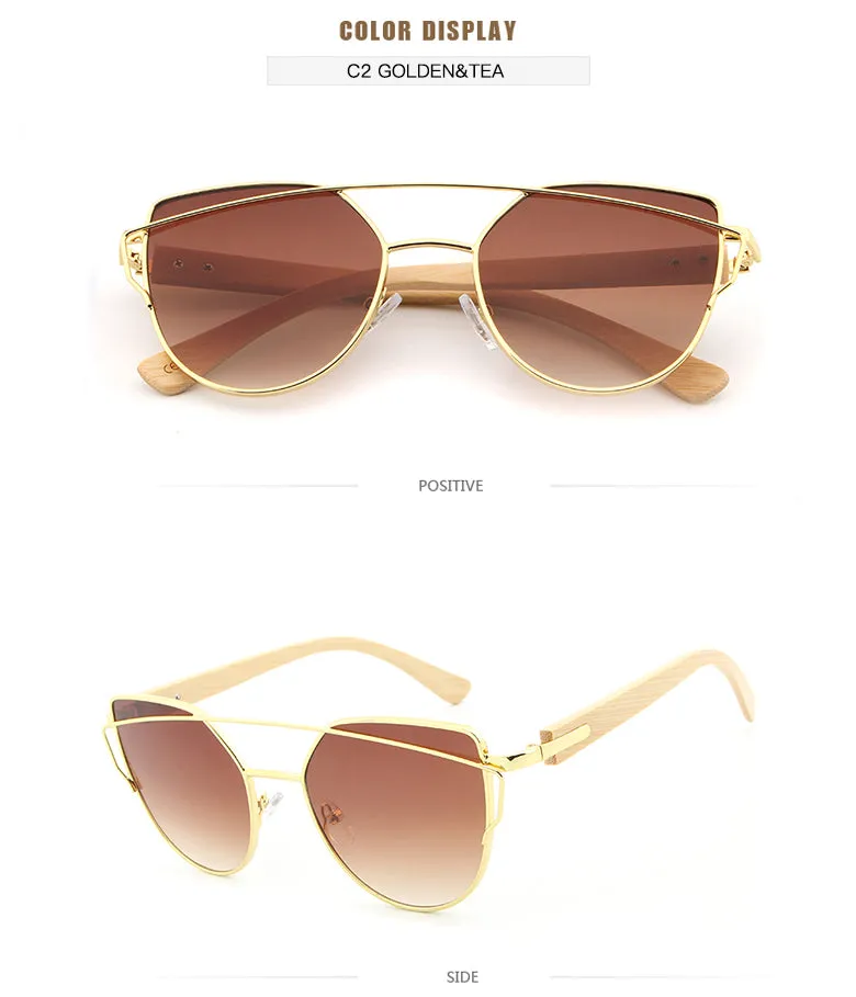 Women's Fashion Mirror Cat Eye Wooden Sunglasses - Black Red,Black Blue,Golden Tea,Black Gray,Golden Pink,Black Green,Silver