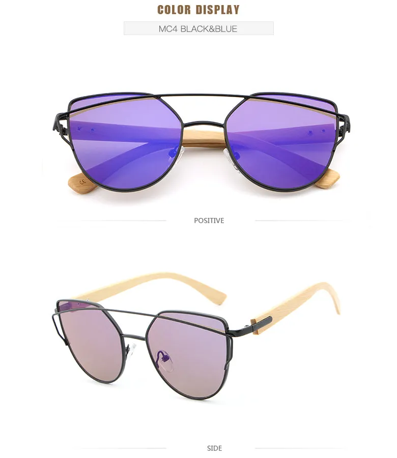 Women's Fashion Mirror Cat Eye Wooden Sunglasses - Black Red,Black Blue,Golden Tea,Black Gray,Golden Pink,Black Green,Silver