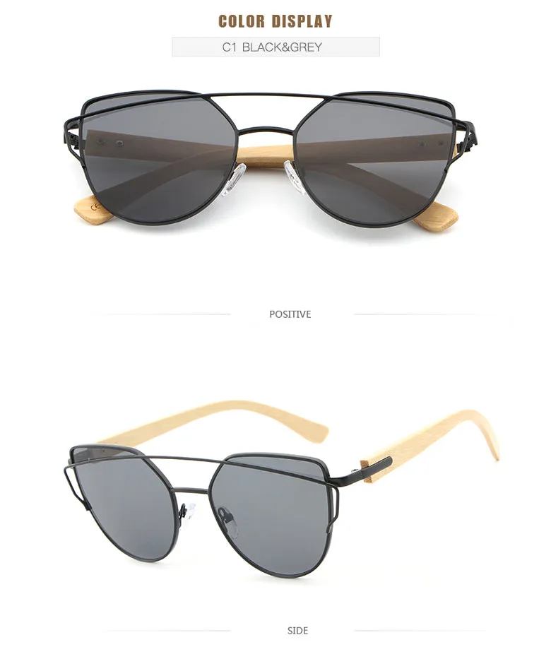 Women's Fashion Mirror Cat Eye Wooden Sunglasses - Black Red,Black Blue,Golden Tea,Black Gray,Golden Pink,Black Green,Silver