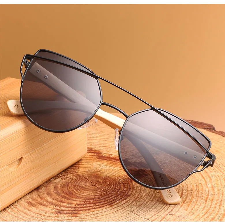 Women's Fashion Mirror Cat Eye Wooden Sunglasses - Black Red,Black Blue,Golden Tea,Black Gray,Golden Pink,Black Green,Silver
