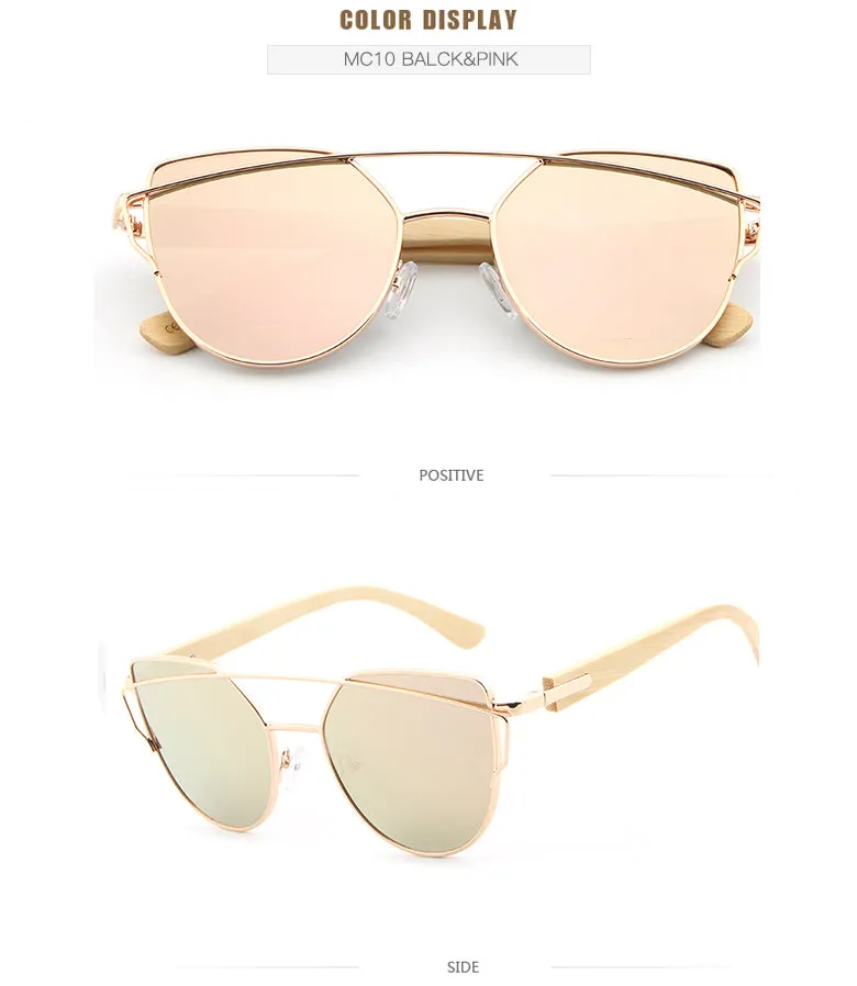 Women's Fashion Mirror Cat Eye Wooden Sunglasses - Black Red,Black Blue,Golden Tea,Black Gray,Golden Pink,Black Green,Silver