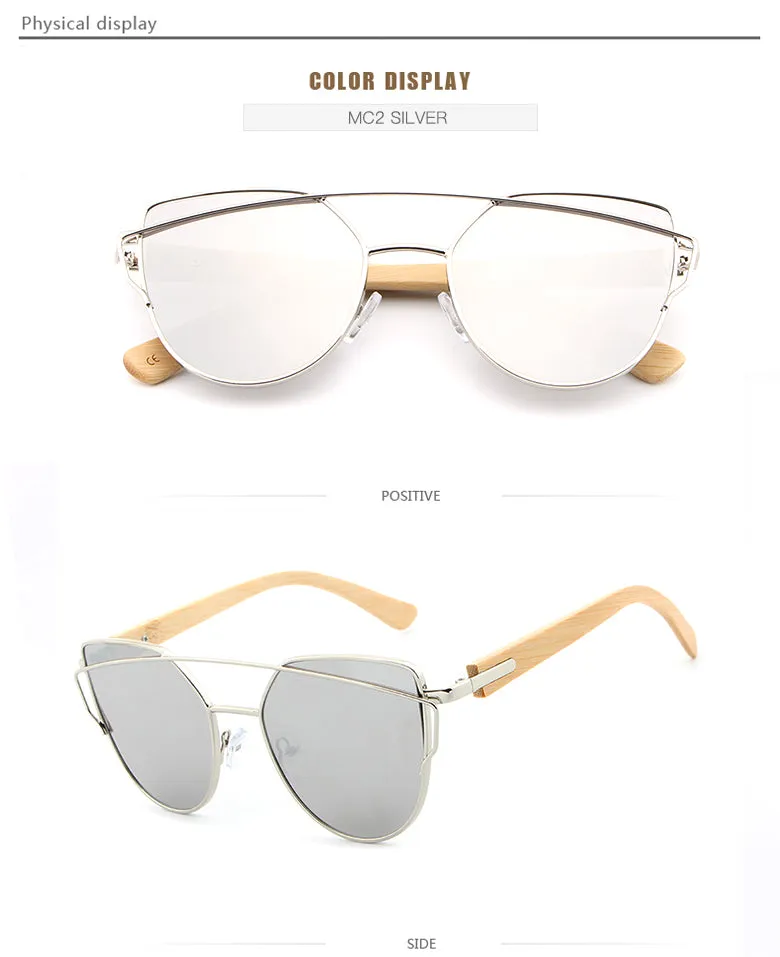 Women's Fashion Mirror Cat Eye Wooden Sunglasses - Black Red,Black Blue,Golden Tea,Black Gray,Golden Pink,Black Green,Silver