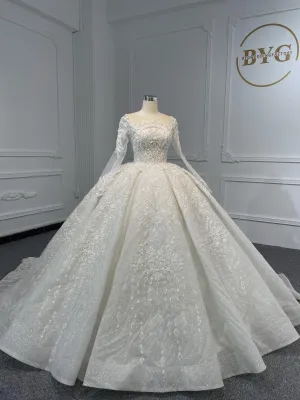 Z064- BYG Vintage Heavy Beading Lace Ivory Long Sleeve Wedding Ball Gown